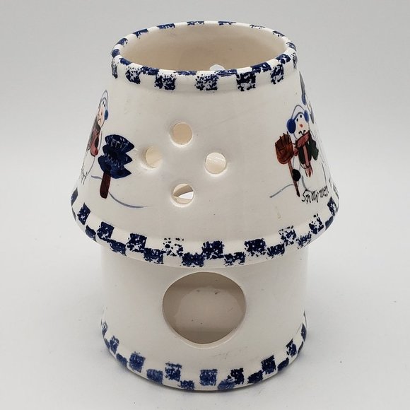 Snowmen Melt Your Heart Vntg Ceramic Blue White Snowmen Tealight Candle Holder - Picture 9 of 10